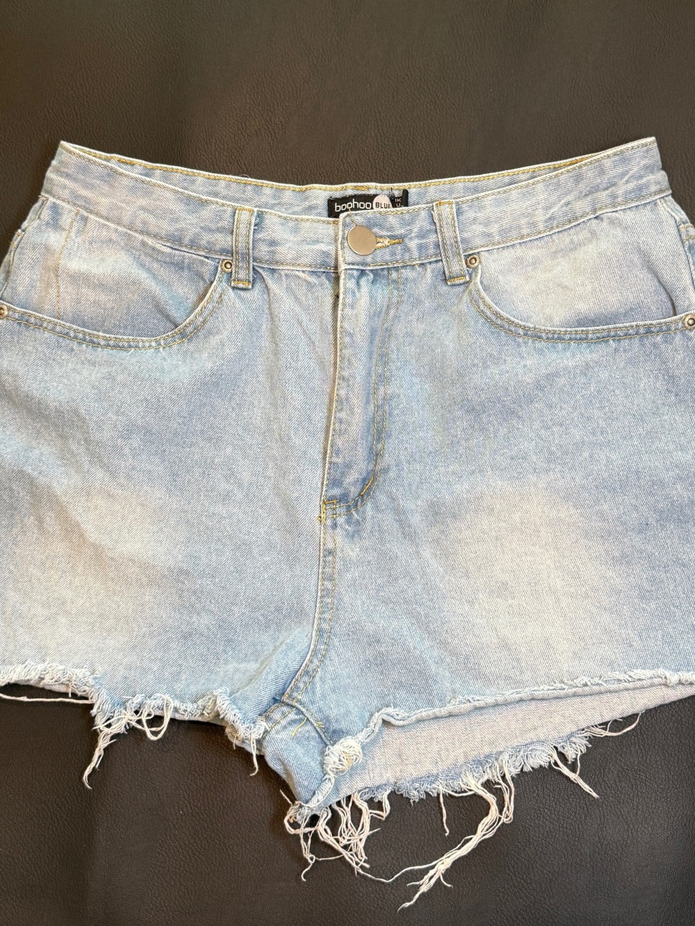 Boohoo Light Blue High-Rise Frayed Hem Denim Shorts